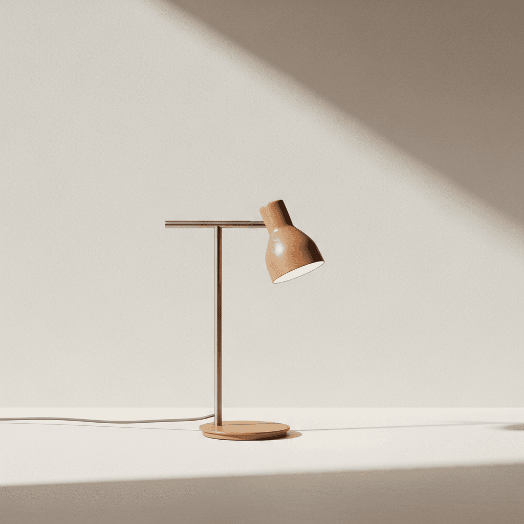 An anodized-aluminium task lamp casting a warm pool of light on a calm bone-coloured desk.